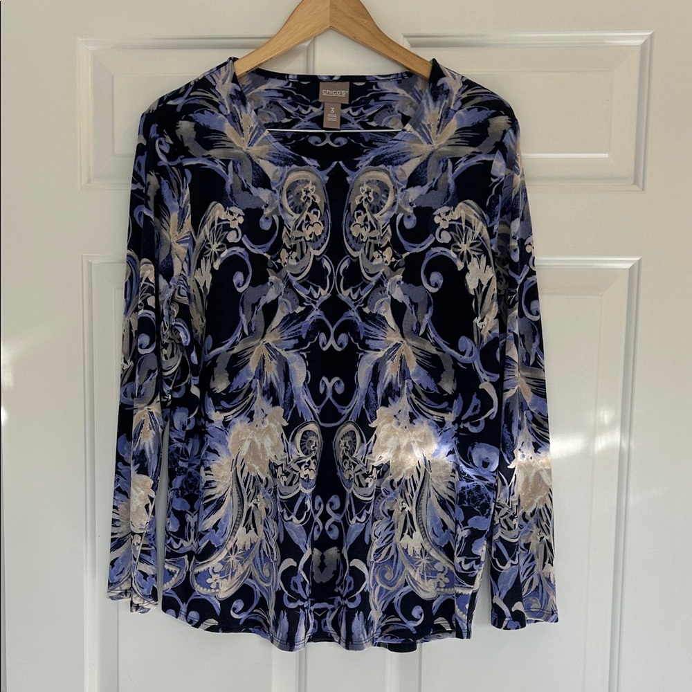 Chico's Blue and Cream Floral Blouse